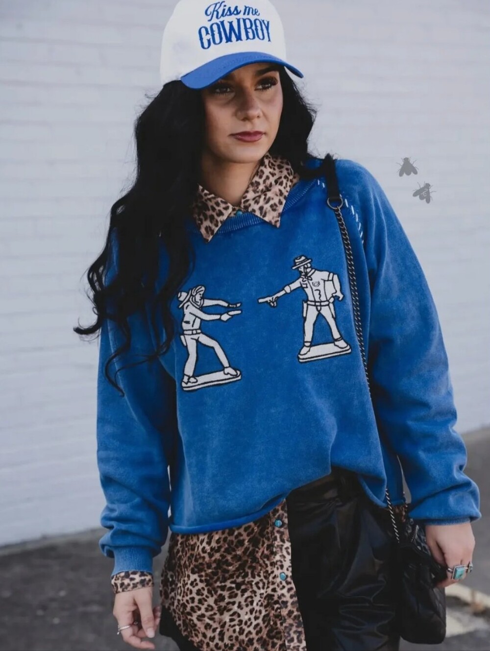 2 Fly Co S/M Blue Western Cowboy Cowgirl Graphic Cotton Sweater Rodeo